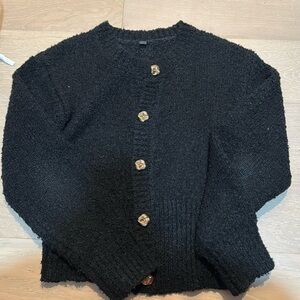 Black boucle knit cardigan with gold hardware